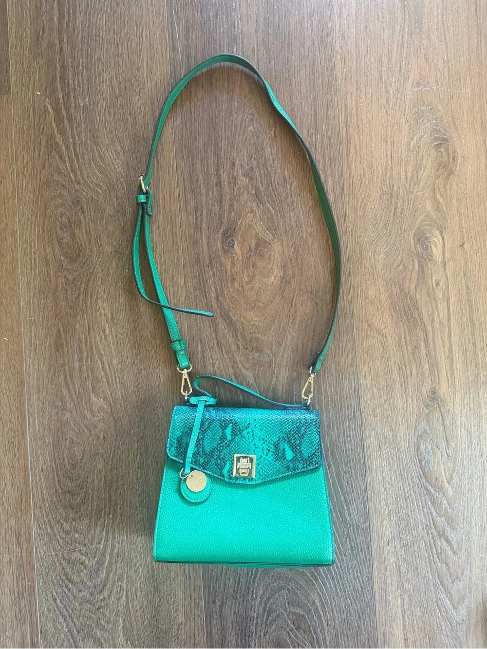 Dune London Green Top-Handle Satchel Bag with Snake-Print Detail
